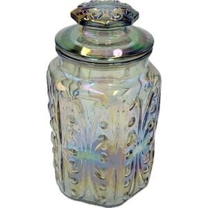 Vtg LE Smith Imperial Atterbury Scroll Iridescent Carnival Glass Canister Jar 10